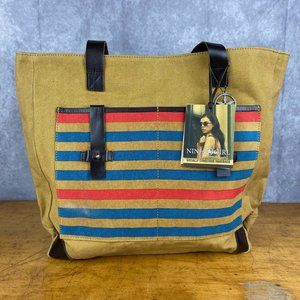 NWT Ninja Girl Inca Khaki Red Blue Stripes Tote Bag Leather Upcycled Tents